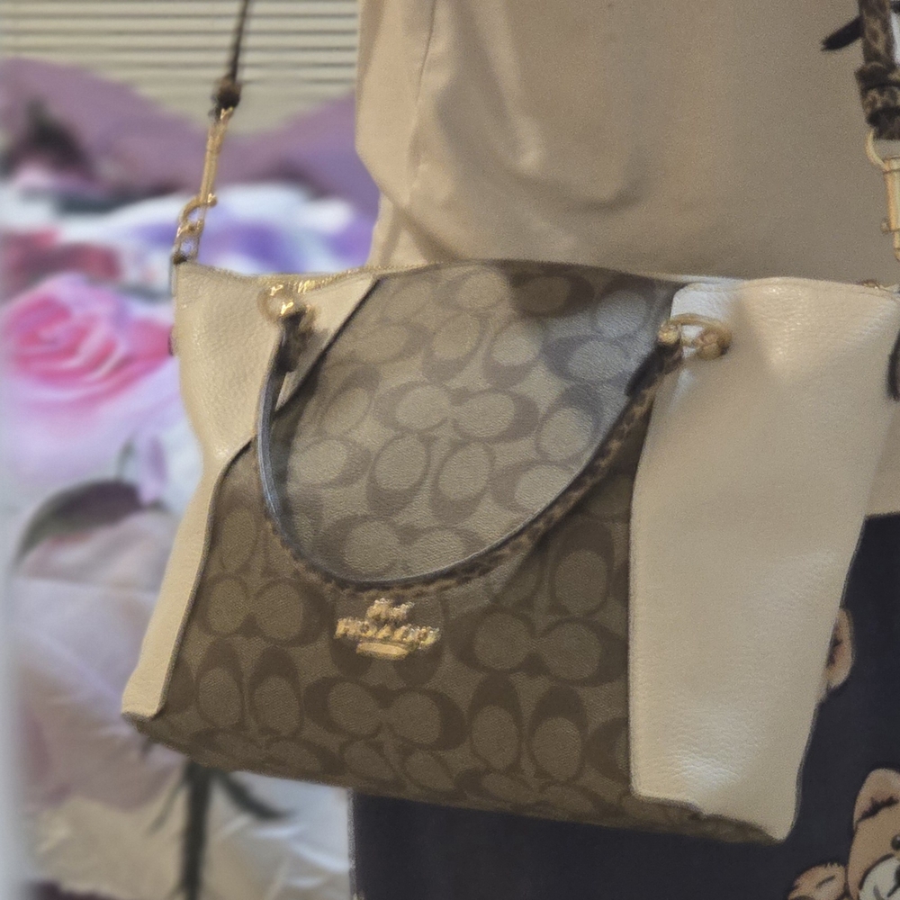 Coach Brown and Cream Monogram Shoulder Bag with Gold Hardware